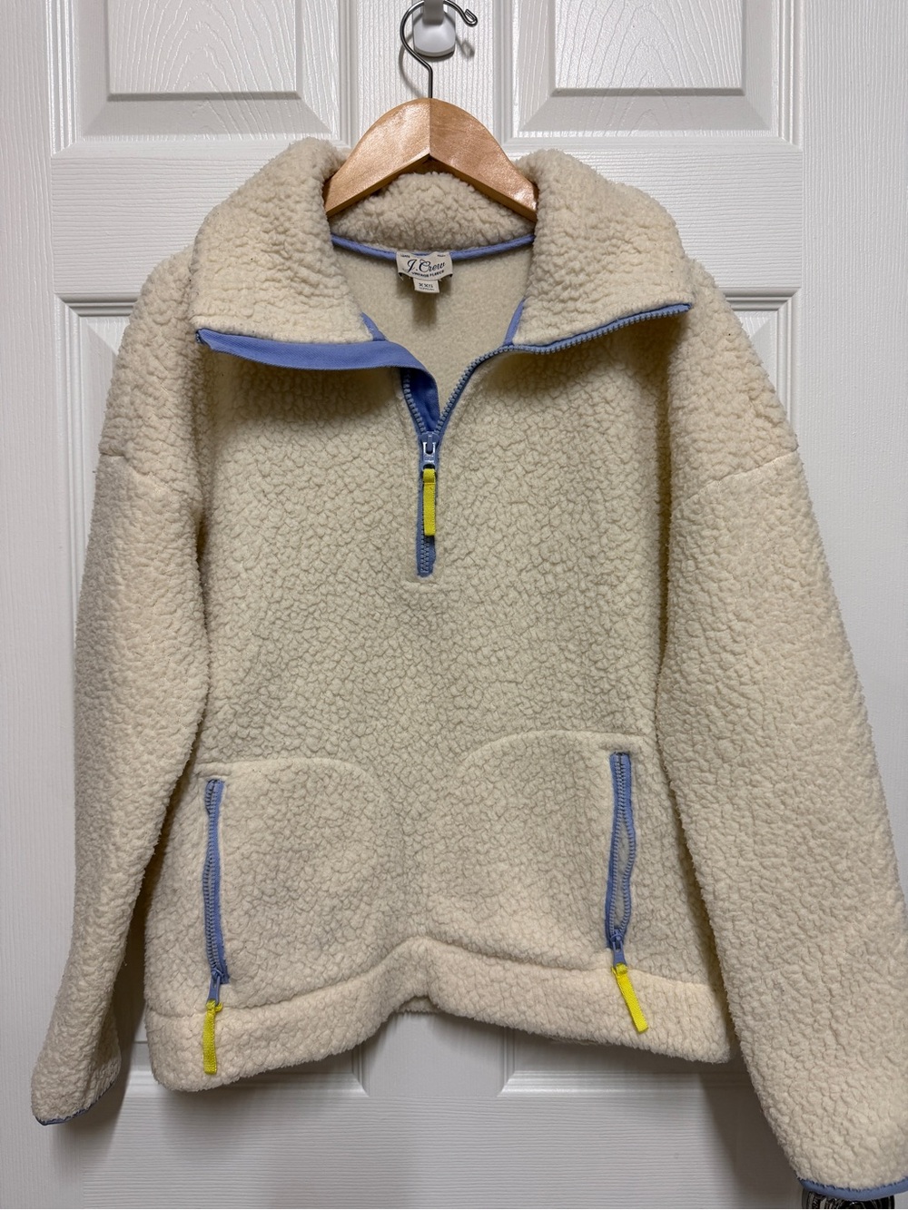 J. Crew Vintage Cream Sherpa Half-Zip Jacket with Blue Trim and Yellow Accents